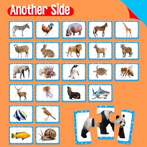 48 Animal Matching Puzzles with Error-Correction, 3-Piece Self-Correcting Puzzle Matching Game Educational Learning Activities for Toddlers, Animal-Themed Learning Games Toys for 3 Years Old - style: 24 Blocks Double Sided-C