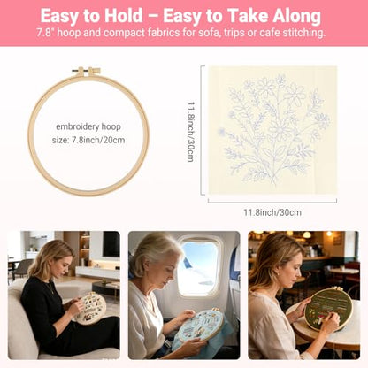 ZenHues Embroidery Kit for Beginners Adults with Level 0 Practice Sampler, 5 Pre-Printed Patterns & Video Tutorials with 7.8" Hoop, Learn 30+ Stitches, DIY Needlework Craft Gift for Women
