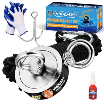 VNDUEEY 760LBS Magnet Fishing Kit, 2.36" Double Hole Fishing Magnet Kit with Rope, Strong Magnets for Retrieving in River Lake Beach and Lawn, Includes 65Ft Rope, Carabiner, Gloves, Grappling Hook - size: 2.36" 760LBS, style: Double Hole Kit