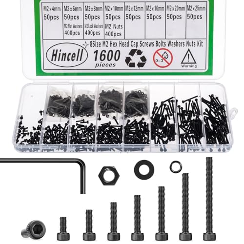 1600Pcs M2 Screws,M2*4/6/8/10/12/16/20/25mm Screw kit,Hex Socket Head Cap Bolts,12.9 Grade Black Zinc Plated for 3D Printer - size: M2x4/6/8/10/12/16/20/25mm(1600pcs)