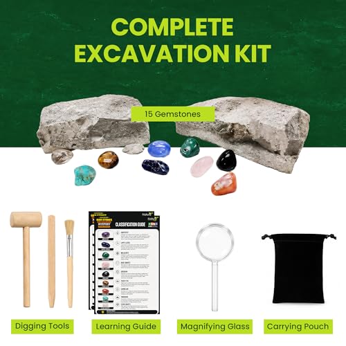 Nature Gear Gemstone Dig Kit for Kids, Educational Crystal Excavation Kit with 15 Mystery Gems, Interactive Adventure Fossil Mining Toy for Kids Age 3-5 and Up - style: Gemstone Dig Kit