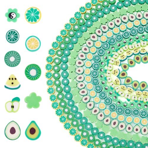Elecrelive 11 Strands Green Fruit Clay Beads Mixed Avocado Lemon Apple Kiwi Slice Charms Flower Polymer Clay Spacer Beads for Necklace Bracelets Earrings Key Chains Making - color: Lime Green
