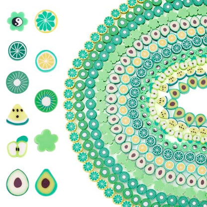 Elecrelive 11 Strands Green Fruit Clay Beads Mixed Avocado Lemon Apple Kiwi Slice Charms Flower Polymer Clay Spacer Beads for Necklace Bracelets Earrings Key Chains Making - color: Lime Green