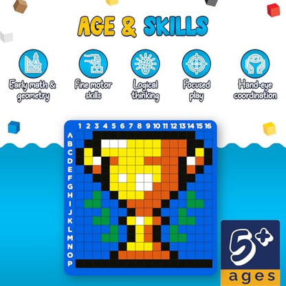 PIXMIX Pixel Building Art Kit for Kids Ages 5+ – STEM Toy for Boys & Girls, Creative Learning & Sensory Activity – 16x16 Board, 1000 Pieces, 200+ Multi-Level Challenges