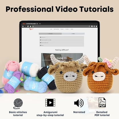 CrochetBox 2 PCS Highland Cow Crochet Kit, Brown Cow Set for Beginners - color: 2 PCS Highland Cow and Brown Highland Cow