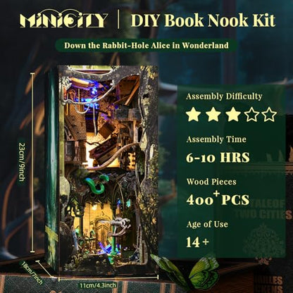 MiniCity Down the Rabbit Hole Book Nook Kit, DIY 3D Wooden Puzzle with LED - color: Down the Rabbit-hole Alice in Wonderland