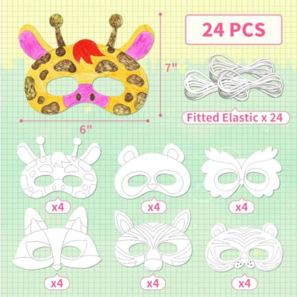 24 PCS Color Your Own Paper Masks, DIY Masks Craft Art Kits for Kids, Birthday Party Favors, School Coloring Activities - style: Animals
