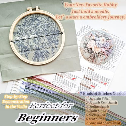 FONNUY Bouquet Flowers Embroidery Kit for Beginners, Pre-Stamped Pattern Kits for Adults with Hoop, Easy to Follow Color Thread Needlework, 8'' Hoop (Joyful Bouquet) - style: Joyful Bouquet