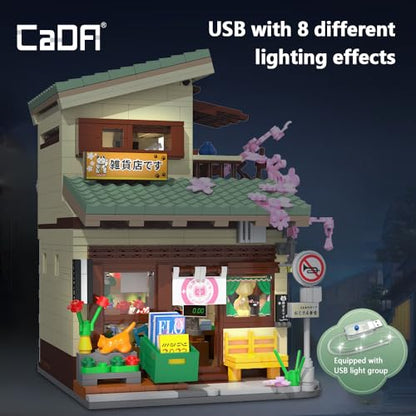 CaDA Japanese Style Cat Grocery Store House Building Set, Master C66015W City Street Brick Kit with Lights, 8921PCS Modular House Idea Gift for Adults - color: C66015w