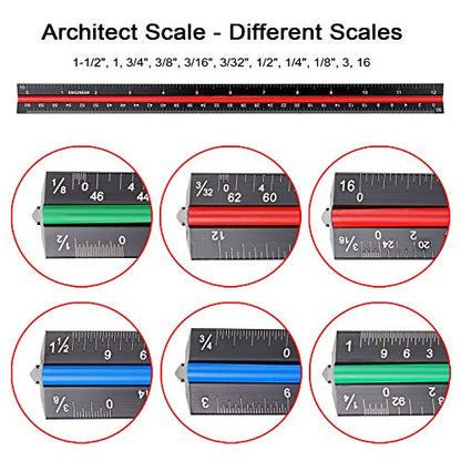 OwnMy 3 Pack 12 Inch Solid Aluminum Triangular Architect Scale Ruler Set