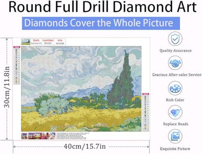 VeGuude Diamond Art Kits for Adults-Van Gogh Diamond Painting Kits for Adults Beginners,Wheat Field with Cypresses 5D DIY Full Drill Diamond Painting Cat Gem Art and Crafts 12x16inch - color: DP02867