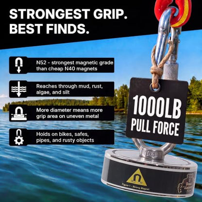 1000LB Complete Magnet Fishing Kit | Double Sided Fishing Magnet Kit with Case | Includes Strong Neodymium N52 Magnets, Durable 65ft Rope, Carabiner, Gloves, Grappling Hook & Carry Case - size: 1000 LB Double Sided Magnet Kit