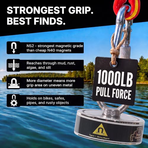 1000LB Complete Magnet Fishing Kit | Double Sided Fishing Magnet Kit with Case | Includes Strong Neodymium N52 Magnets, Durable 65ft Rope, Carabiner, Gloves, Grappling Hook & Carry Case - size: 1000 LB Double Sided Magnet Kit