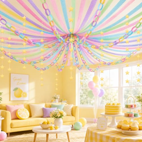 1000 Sheet Macaron Paper Chain Strips and 65 ft Gold Star Garland Set - color: Macaron-1000Pc