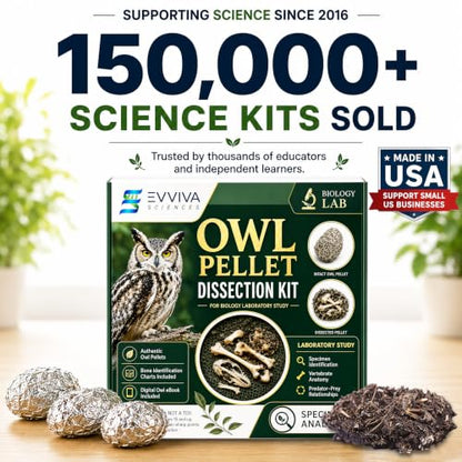 ES EVVIVA SCIENCES Owl Pellet Kit - Dissect 15 Mostly Small Real Owl Pellets w/Tools & PDF Bone Charts - Science Education Kit for Ages 15+ - Hands-On Animal Biology Science Lab Activity