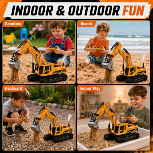 RC Excavator Toy for Boys Age 4-7 8-12, 4-in-1 Remote Control Excavator with Metal Bucket, Breaker & Grapple, 2.4GHz Construction Vehicle