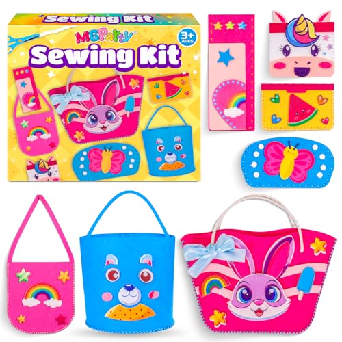 MGparty My First Kids Sewing Kit, DIY Arts & Crafts Set with 7 Felt Bag Projects, Beginner Sewing Activities for Kids Ages 5+, Creative Learning Craft Kit, Birthday Gifts for Boys & Girls