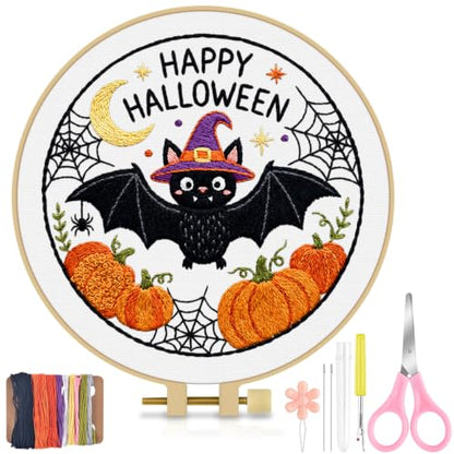 TINDTOP Halloween Embroidery Kit for Adult, Embroidery DIY Starter Kit, with Stamped Patterns, Hoop, Tools, Colorful Threads with Needles, Instructions (Halloween D) - color: Halloween D