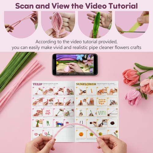 EARLY MINDS 800Pcs Pipe Cleaner Flower Kit with Tutorial, 8 Colors - color: pink