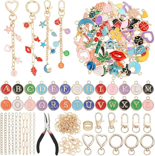 Flewyum 198Pcs Charms Lip Gloss Keychain Making Kit, DIY Craft Supplies with Charms, Key Chain Hooks, Jump Rings, Lobster Clasps, Chains & Tools, Jewelry Making Kit for DIY Craft Gifts.