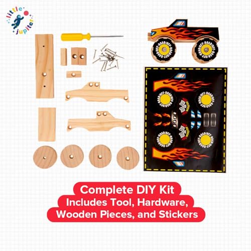 Little Jupiter DIY Wooden Kits w/Stickers - Kids Building Kit - Stem Toys for Ages 4-7 - Wood Crafts for Kids - Woodworking Kits (Monster Truck 1) - size: Monster Truck #1