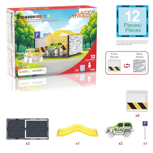 PicassoTiles Magnetic Tiles Race Car Track Kit Parking Garage Expansion Pack with 2 Cars Magnet Tile Building Blocks Educational Toy Learning Kit Pretend Play Construction Set Kids Child Ages 3+ PTR07 - color: 2 Cars With Garage Race Track