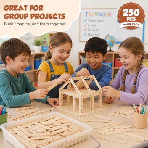 Wooden Craft Sticks with Holes,250 Pcs Pop Wood Slats for Kids DIY Model Building, Pre-Drilled Wooden Sticks for STEM School Projects