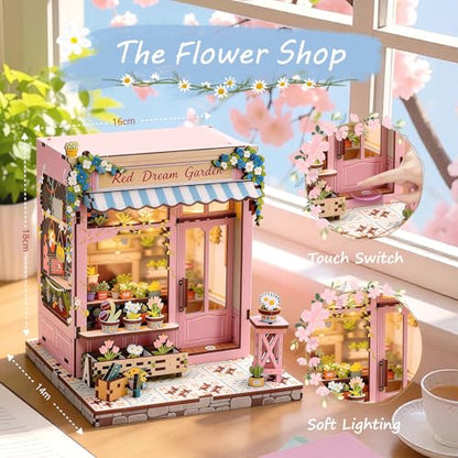 DIY Miniature Dollhouse Book Nook Kit with LED Lights, Mini Bookshelf Insert Decor for Adults & Teens, Creative Craft Gift for Family, Friends & Book Lovers (Pink Flower Shop) - style: Red Dream Garden