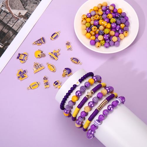 2200PCS+ Game Day Beads Charms for Bracelet Making Polymer Clay Beads Crystal Pearl Letter Gold Spacer Beads Football Charms for Game Day Bracelet Necklace Making DIY Crafts - color: Purple Yellow