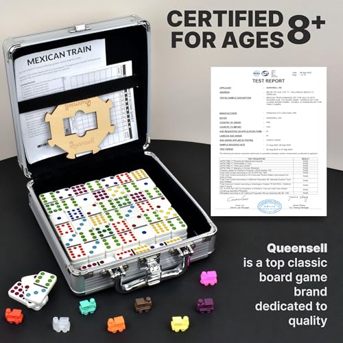 Queensell Mexican Train Dominoes Set with Wooden Hub, Domino Tile Board Games - Double 12 Dominos Set for Family Game Night for Adults and Kids Ages 8 and up (Double 12) - size: Double 12