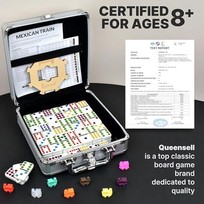 Queensell Mexican Train Dominoes Set with Wooden Hub, Domino Tile Board Games - Double 12 Dominos Set for Family Game Night for Adults and Kids Ages 8 and up (Double 12) - size: Double 12
