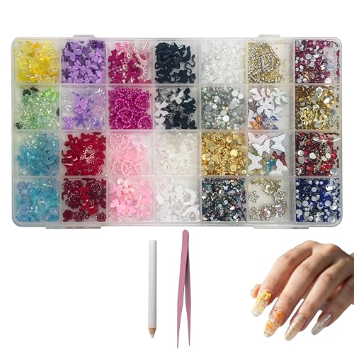 Nail Art Starter Kit with Metal Tweezers | 100Pcs Cute 3D Charms Like Bows, Butterflies, Chains & Stars | Gold & Silver Nail Rhinestones for Manicure, Junk Journaling