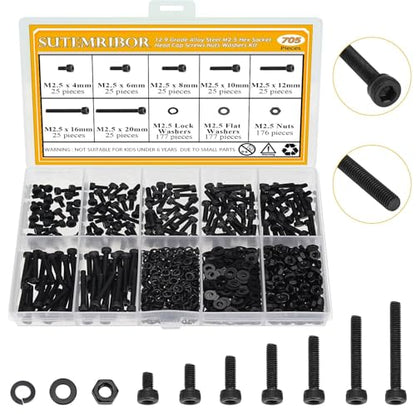 705 Pieces M2.5 Screws Nuts Washers Set Black, Sutemribor M2.5 x 4/6/8/10/12/16/20mm Hex Socket Head Cap Screws Nuts Washers Assortment Kit, 12.9 Grade Alloy Steel, Fully Threaded - size: M2.5 x 4/6/8/10/12/16/20mm Kit, style: Socket Head