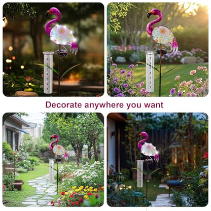 42" Flamingo Rain Gauge Outdoor, Solar Rain Gauges with White LED Lights - color: Pink - Flamingo