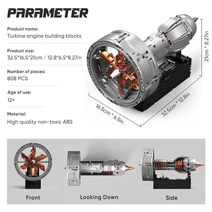 Turbojet Engine Building Blocks Sets, Motorized Jet Engine Model Kit with Motor, Mini Aircraft Engine Kits that Runs with Spinning Fan & Moving Turbine, for Adults & Kids 12+