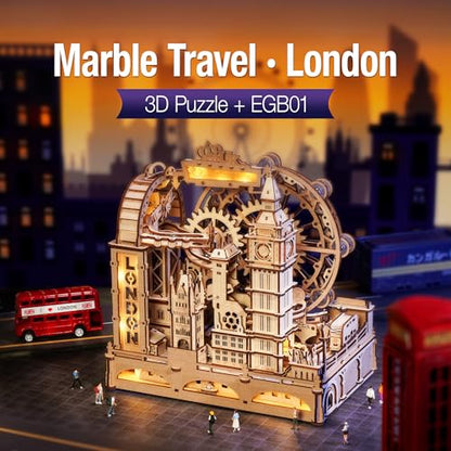 ROKR Marble Travel London, 3D Wooden Puzzles for Adults, Marble Run Kit Adults to Build, 3D Wooden Puzzle with LED, Unique Gift for Men Women