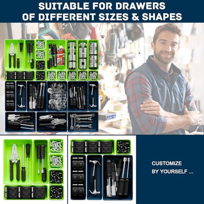 47pcs Tool Box Organizer, Tool Drawer Organizer Trays with Non-slip EVA Pads – Interlocking Divider Set, Fit Garage Storage Desk Drawers & Rooling Tool Cart (Blue & Green 47PCS) - color: Blue & Green 47PCS