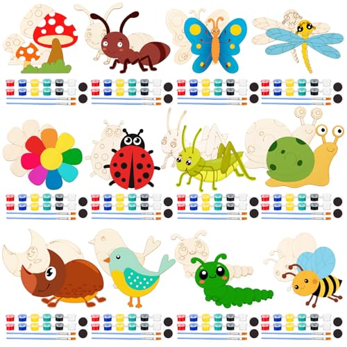 JellyArch 24 Pack Bug Party Favors Unfinished Wooden Insect Cutouts Paint - style: Insect
