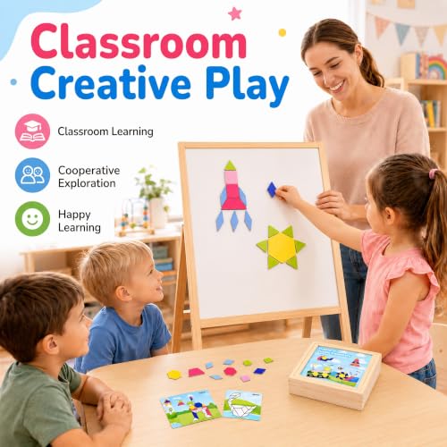 Magnetic Pattern Blocks Wooden Shape Puzzles for Kids Early STEM Learning