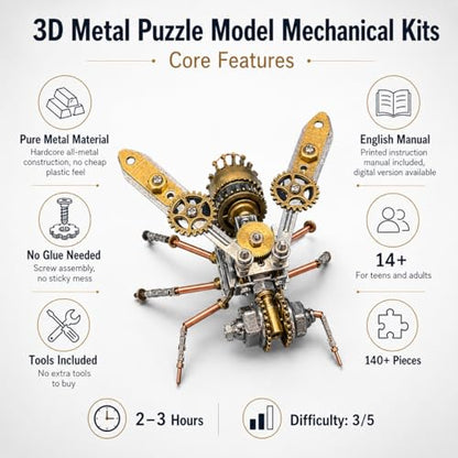 3D Metal Puzzle Kits for Adults Teens-160+Pcs-Mechanical Assembly Bee Insect Models-3 Hours to Build-Ideal for Birthday Gifts and Decorations(Mechanical Bee A) - style: Mechanical Bee A