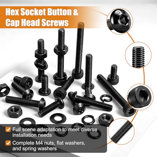 mankk 541PCS M4 Metric Screws Assortment Kit M4x6/12/16/20/25/30mm Hex Socket Button & Cap Head Screws Bolts Kit 12.9 & 10.9 Grade Black Alloy Steel Machine Screw - size: M4, style: Button&Hex Socket Cap