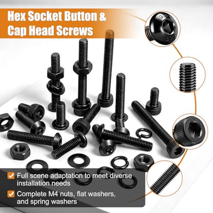 mankk 541PCS M4 Metric Screws Assortment Kit M4x6/12/16/20/25/30mm Hex Socket Button & Cap Head Screws Bolts Kit 12.9 & 10.9 Grade Black Alloy Steel Machine Screw - size: M4, style: Button&Hex Socket Cap