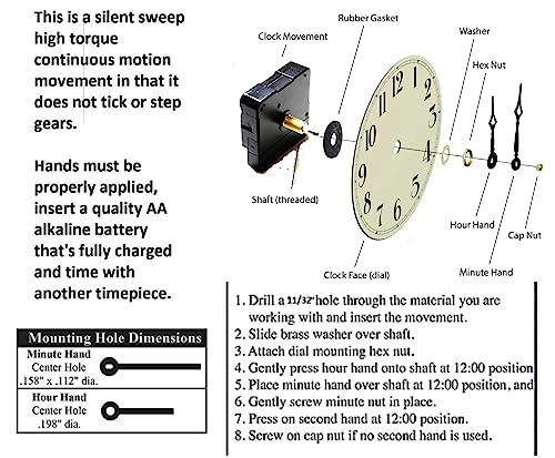 Clock Parts High Torque Clock Movement (Silent Sweep) Extended Shaft with 9/16" Threaded Shaft and 14 in. Long Balanced Black Fancy Sword Hands (No7), Clock Movements, Large Wall Clock, Non Ticking,