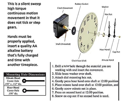 Clock Parts High Torque Clock Movement (Silent Sweep) Extended Shaft with 9/16" Threaded Shaft and 14 in. Long Balanced Black Fancy Sword Hands (No7), Clock Movements, Large Wall Clock, Non Ticking,
