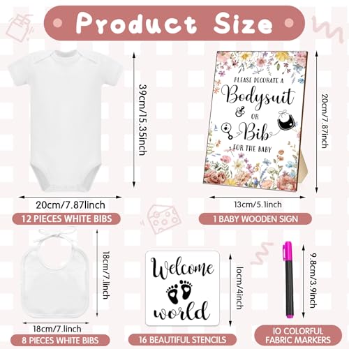 Chuarry 43 Pcs DIY Bibs Decorating Kit 8 Bodysuits 8 Pcs 2 Ply White Bibs 10 Fabric Markers 16 Stencils Baby Shower Sign(Wildflower) - style: Wildflower