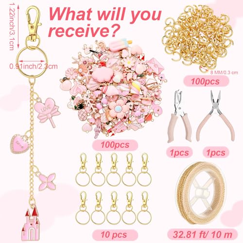 VioraWhite 213 Pcs Keychain Making Kit Bag Charm Kit Lip Gloss Key Chain 100 Pink Enamel Charms 32.81 ft Gold Chains for Galentines DIY Crafts Women(Elegant) - style: Elegant