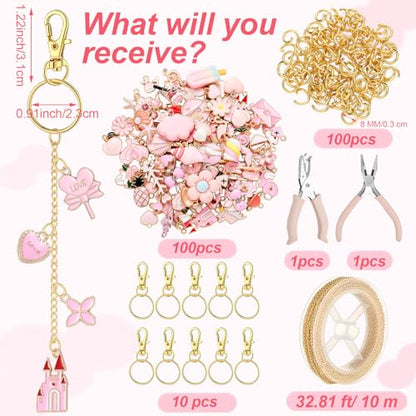 VioraWhite 213 Pcs Keychain Making Kit Bag Charm Kit Lip Gloss Key Chain 100 Pink Enamel Charms 32.81 ft Gold Chains for Galentines DIY Crafts Women(Elegant) - style: Elegant