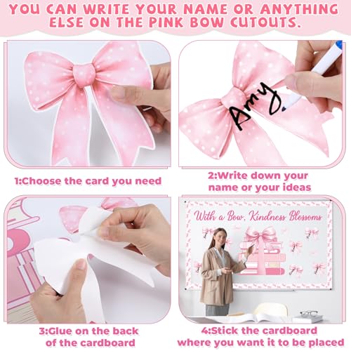Pink Bow Bulletin Board Set Motivational Kindness Classroom Bulletin Board Decorations Bow Reading Book Cutouts Border Classroom Decorations for Back to School Office Home Chalkboard Decor Wall Door - style: Bow