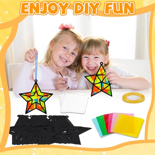 QOUBAI 32 Sets Stars Suncatchers Craft Back to School DIY Stained Glass Window Patriotic 4th of July Paper Craft Home School Classroom Decor Kid Birthday Gift Creative Art Activity Game - style: Star