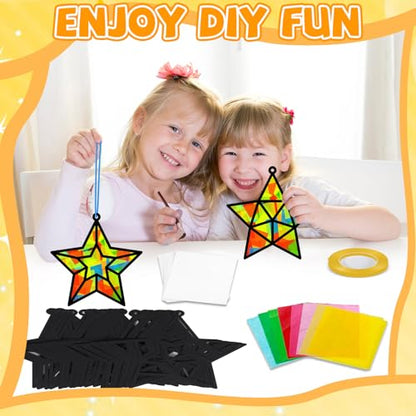 QOUBAI 32 Sets Stars Suncatchers Craft Back to School DIY Stained Glass Window Patriotic 4th of July Paper Craft Home School Classroom Decor Kid Birthday Gift Creative Art Activity Game - style: Star